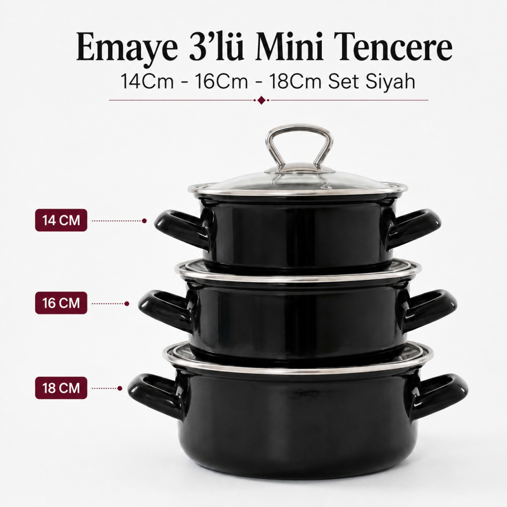 Emaye 3'Lü Mini Tencere 14Cm - 16Cm - 18Cm Set Siyah