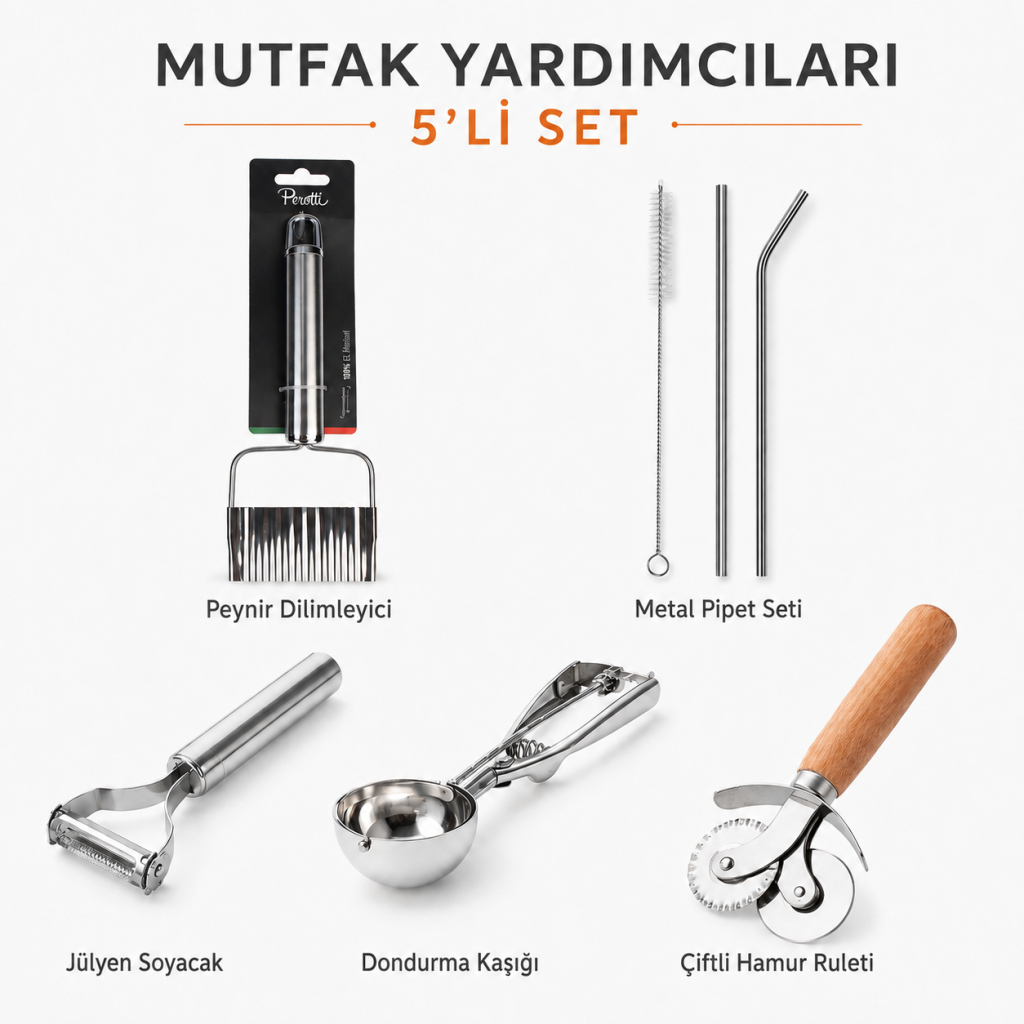 Paslanmaz Çelik Mutfak Seti Dondurma Kaşıgı Hamur Ruleti Jülyen Pipet Set Soyacak Ve Dilimleyici