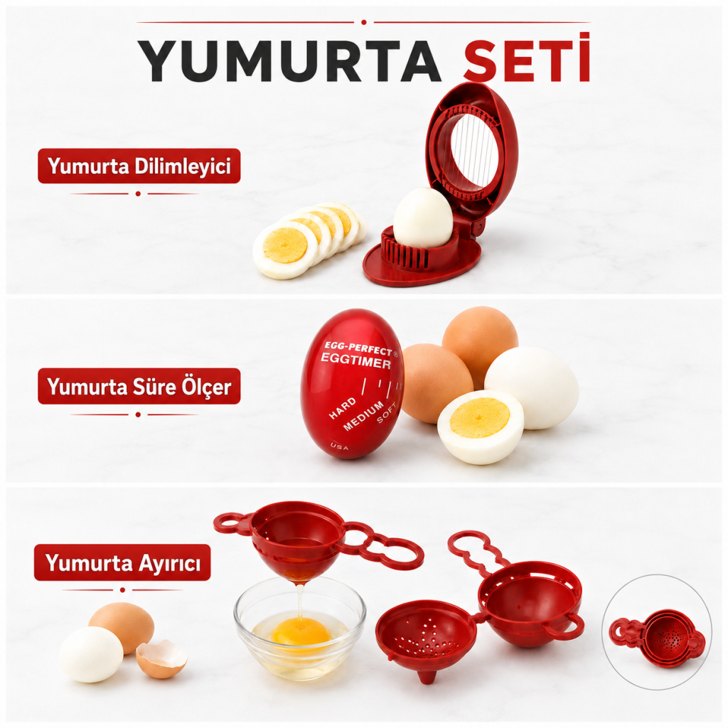 Zaman Ayarlı Renk Değiştiren Yumurta Pişirme Göstergesi, Yumurta Dilimleyici Ve Sarı Beyaz Ayırıcı Pratik Ve Kullanışlı 3 lü Set